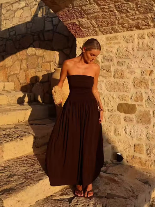 ETJ 2025 novo vestido feminino elegante sexy fora do ombro moda pregas detalhes emagrecimento vestido sem alças.