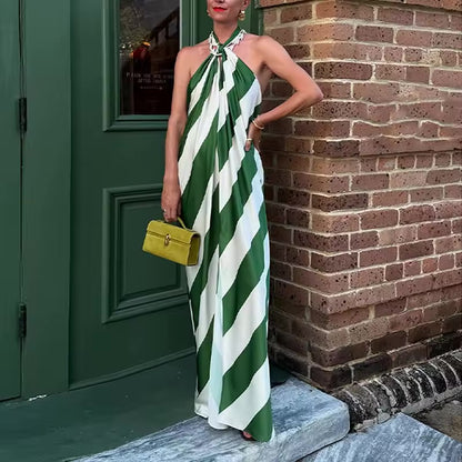 Novo Vestido Feminino Elegante 2026 com Gola Halter e Listras, Vestido Boêmio Chique Plissado Sem Mangas, Vestido.