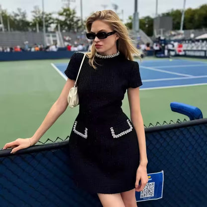 Branco elegante tweed vestido curto a linha mini vestidos curvos almofada de ombro luxo novo preto vestidos de noite festa aniversário 2025 verão.