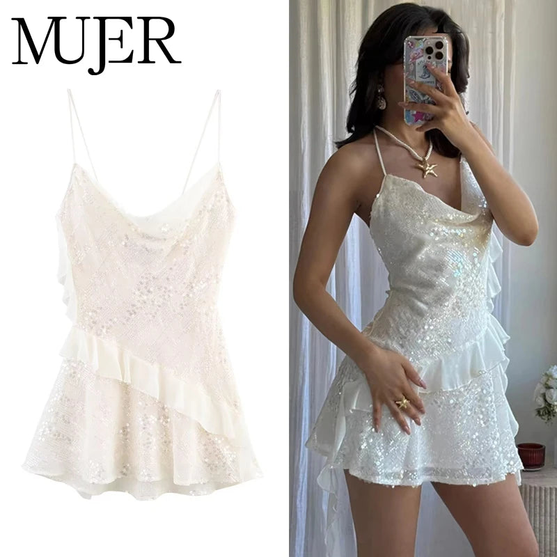 Muyer 2025 mini vestido de lantejoulas mulher sexy deslizamento vestidos de festa para mulheres verão sem costas vestido feminino alças praia vestidos curtos.
