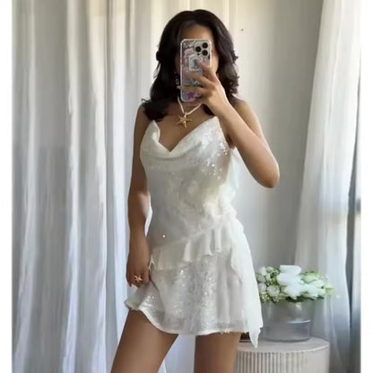 Muyer 2025 mini vestido de lantejoulas mulher sexy deslizamento vestidos de festa para mulheres verão sem costas vestido feminino alças praia vestidos curtos.