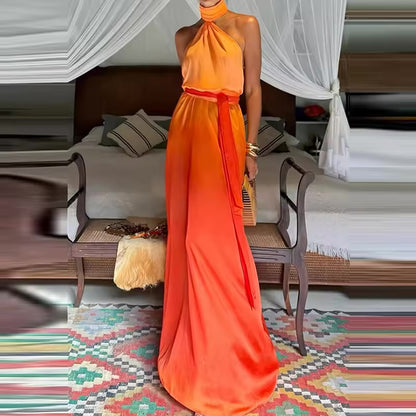 Casual verão sem mangas magro vestido de praia gradiente impresso sem costas oco vestido de férias senhora sexy halter cintura alta robe vestido.