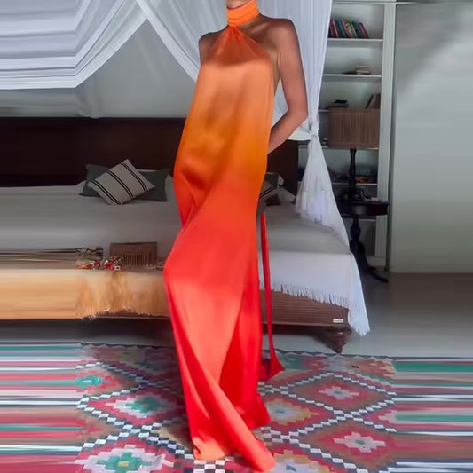 Casual verão sem mangas magro vestido de praia gradiente impresso sem costas oco vestido de férias senhora sexy halter cintura alta robe vestido.