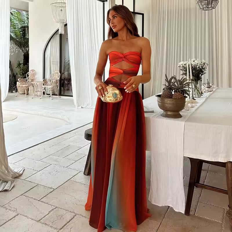 Tie-dye gradiente oco para fora vestido maxi feminino elegante fora do ombro a linha bainha vestidos longos novo verão 2025 férias roupões femininos🧡