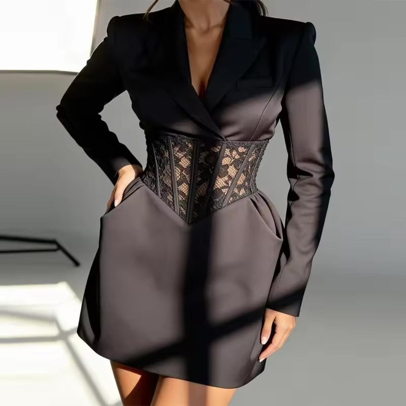 Renda retalhos preto blazer vestido acolchoado ombros profundo decote em v manga cheia mini vestidos senhora festa de noite chique vestido 2026 primavera!