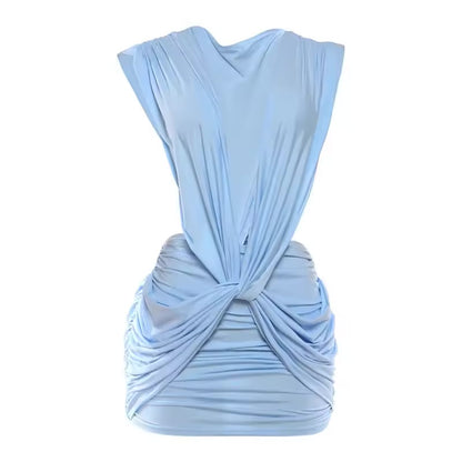 Vestido Mini Plissado Vazado Sólido Feminino Sexy com Decote V Profundo Sem Mangas Costas Nuas Justo ao Corpo Vestidos 2026 para Festa e Férias Femininas!