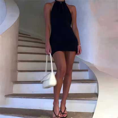 Mulheres sem mangas sem costas mini saia vestido 2023 y2k verão bodycon pendurar pescoço elegante sexy outfits senhoras festa clube vestido de verão!!