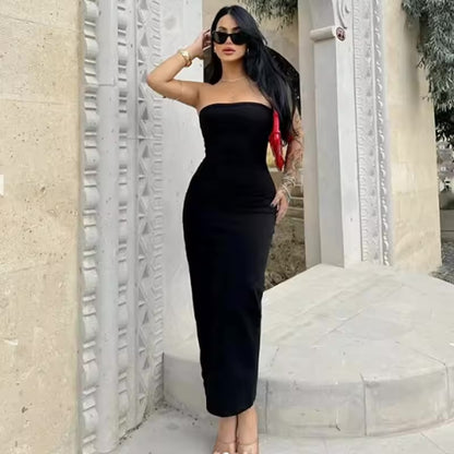 Hxao 2025 vestidos femininos sem alças, verão, off white, preto, branco, midi, babados, ombro de fora, costas nuas, vestidos de baile 066
