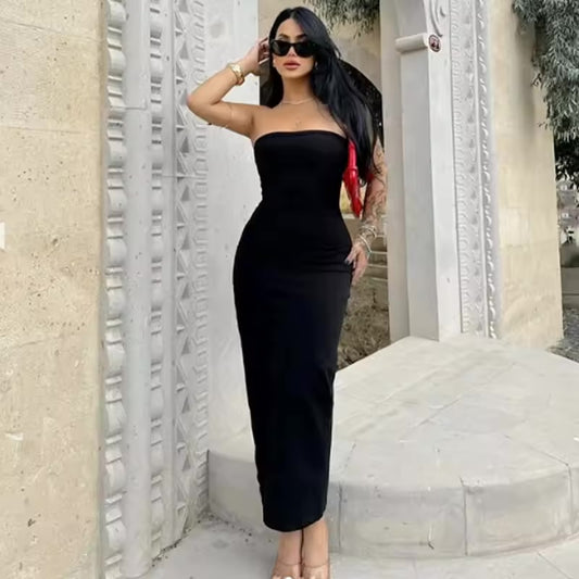 Hxao 2025 vestidos femininos sem alças, verão, off white, preto, branco, midi, babados, ombro de fora, costas nuas, vestidos de baile 066