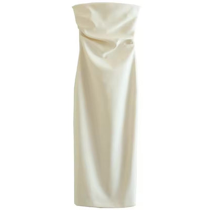 Hxao 2025 vestidos femininos sem alças, verão, off white, preto, branco, midi, babados, ombro de fora, costas nuas, vestidos de baile 066