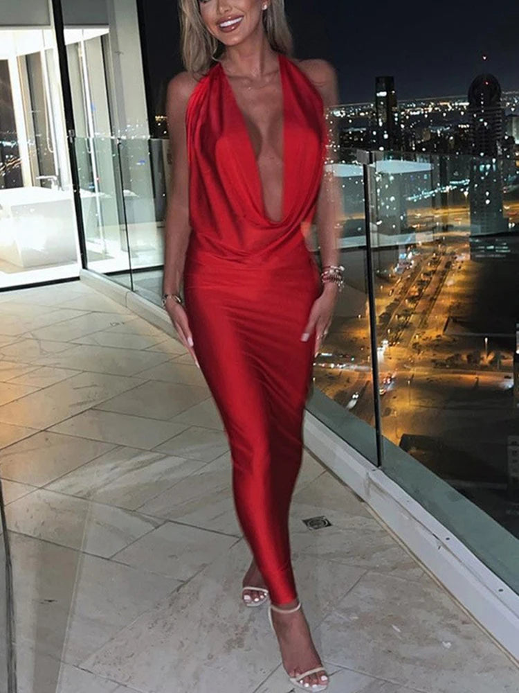 Dulzura outono feminino halter sem costas midi vestido para mulheres bodycon sexy festa elegante roupas de noite aniversário y2k 2024