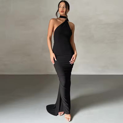 Dulzura um ombro sem costas ruched magro fita vestido longo feminino sólido sexy elegante vestido de festa à noite clube baile verão outfit
