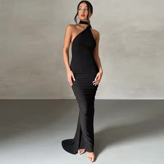 Dulzura um ombro sem costas ruched magro fita vestido longo feminino sólido sexy elegante vestido de festa à noite clube baile verão outfit