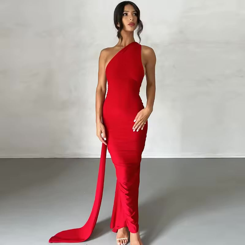Dulzura um ombro sem costas ruched magro fita vestido longo feminino sólido sexy elegante vestido de festa à noite clube baile verão outfit