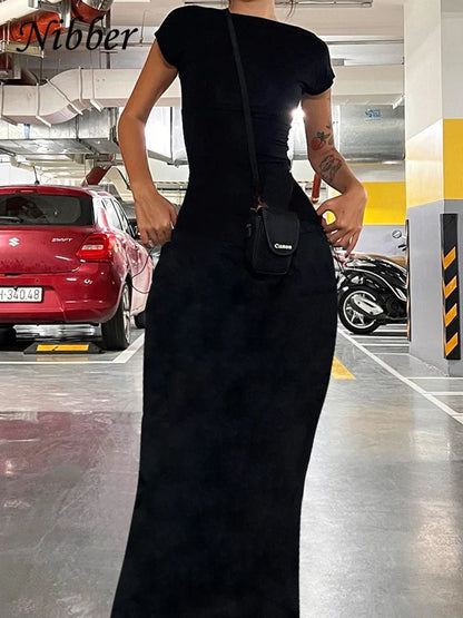 Nibber-Vestido maxi monocromático sexy sem costas feminino, elástico elegante, fino, manga curta, bodycon feminino, roupa de streetwear