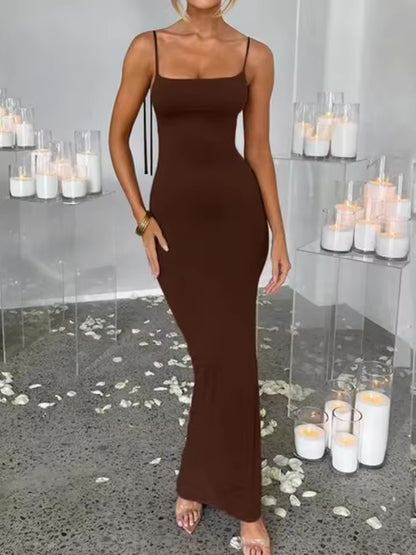 Elegante profundo aberto de volta sem costas magro maxi vestido feminino cinta espaguete sem mangas bodycon vestido longo sexy clube festa vestidos