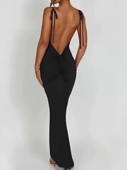 Elegante profundo aberto de volta sem costas magro maxi vestido feminino cinta espaguete sem mangas bodycon vestido longo sexy clube festa vestidos