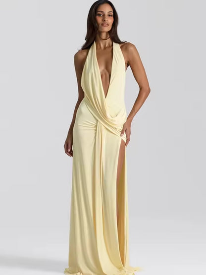 Mozision halter profundo decote em v sem costas sexy maxi vestido feminino moda irregular sem mangas coxa alta divisão clube vestidos de festa