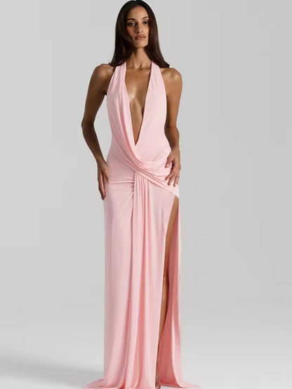 Mozision halter profundo decote em v sem costas sexy maxi vestido feminino moda irregular sem mangas coxa alta divisão clube vestidos de festa