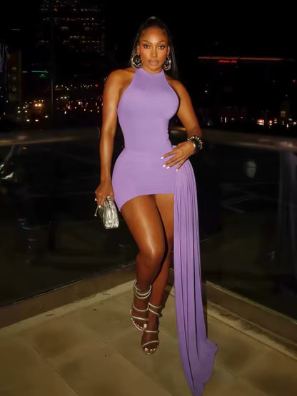 Vestido de Festa Mini Bodycon com Decoração de Laço Kliou, Sem Mangas, Costas Descobertas, Estilo Halter, Cor Pêssego