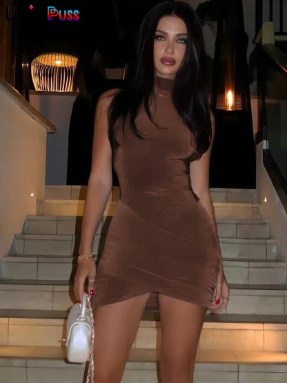 Estranho gato cruz babados mini vestido mulher verão sexy sólido meia gola alta sem mangas tendência chique festa clubwear magro bodycon!