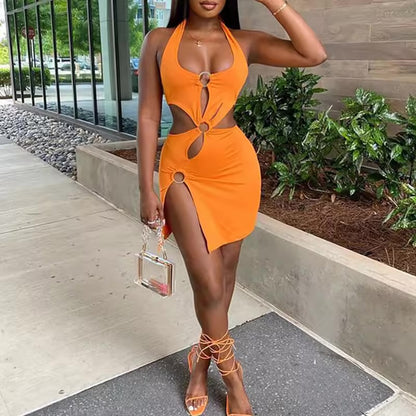 Elegante laranja sem mangas vestido de verão feminino, esbelto, oco, mini-bodycon sexy, High Street, Stretch, Club Party, Verão, 2026