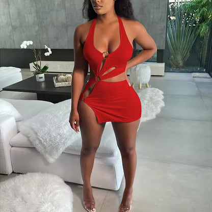 Elegante laranja sem mangas vestido de verão feminino, esbelto, oco, mini-bodycon sexy, High Street, Stretch, Club Party, Verão, 2026
