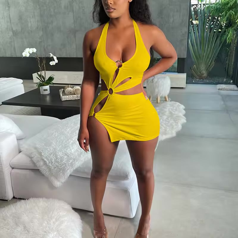 Elegante laranja sem mangas vestido de verão feminino, esbelto, oco, mini-bodycon sexy, High Street, Stretch, Club Party, Verão, 2026