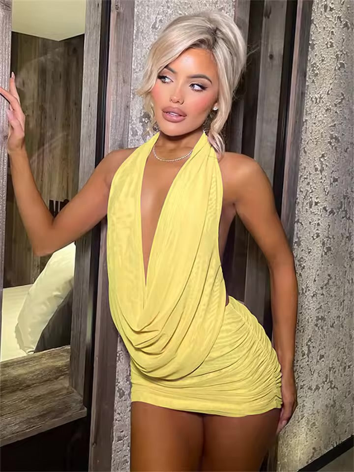 Kliou malha balançando plissado feminino 2 peça conjunto verão sólido simples halter sem costas chique topos + shirring mini saias terno coordinado.