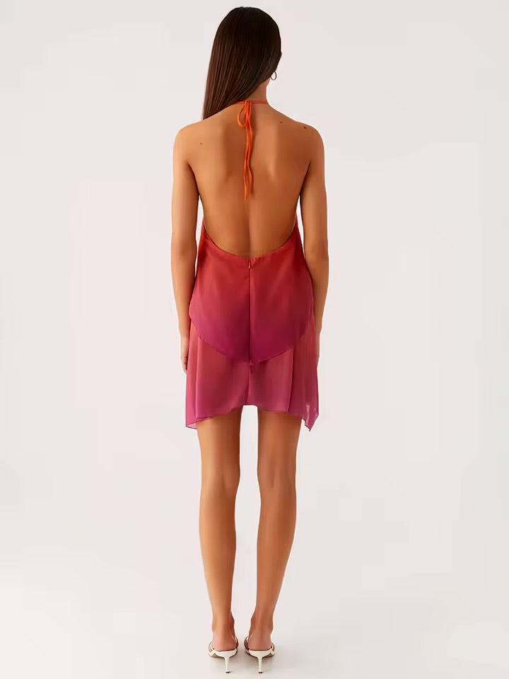 Mozision gradiente halter sem costas sexy mini vestido feminino elegante malha zíper fora do ombro sem mangas clube vestidos de festa.