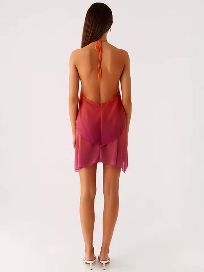 Mozision gradiente halter sem costas sexy mini vestido feminino elegante malha zíper fora do ombro sem mangas clube vestidos de festa.