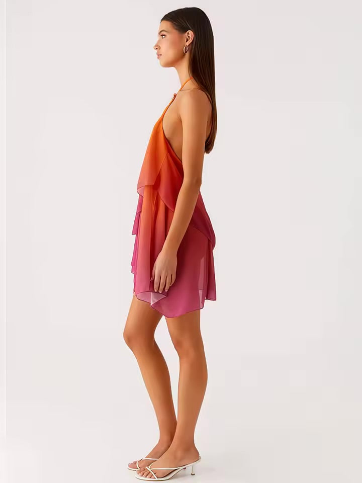 Mozision gradiente halter sem costas sexy mini vestido feminino elegante malha zíper fora do ombro sem mangas clube vestidos de festa.