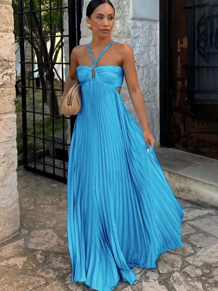 Vestido Longo Plissado Azul Feminino com Gola Halter, Sem Mangas, Costas Nuas, com Amarração, Maxi Vestido Chique de Verão para Praia, Férias e Festas