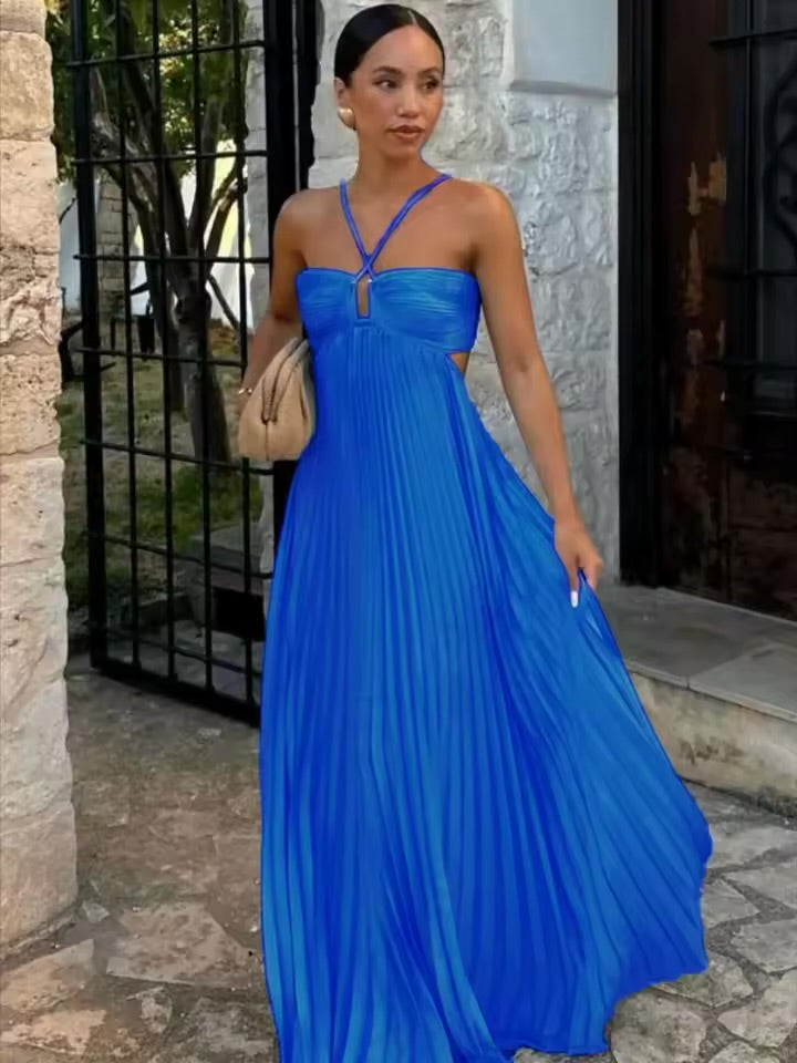 Vestido Longo Plissado Azul Feminino com Gola Halter, Sem Mangas, Costas Nuas, com Amarração, Maxi Vestido Chique de Verão para Praia, Férias e Festas