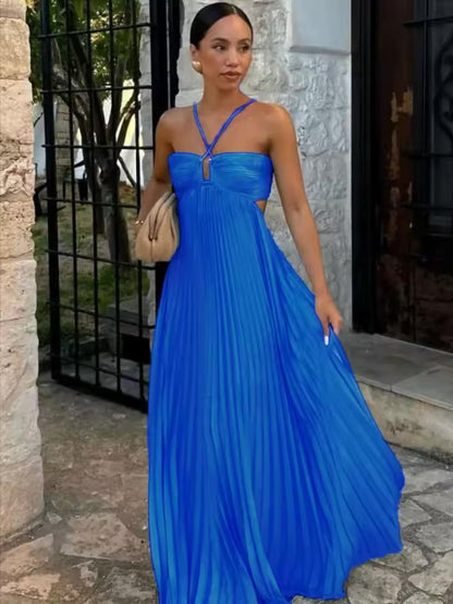 Vestido Longo Plissado Azul Feminino com Gola Halter, Sem Mangas, Costas Nuas, com Amarração, Maxi Vestido Chique de Verão para Praia, Férias e Festas