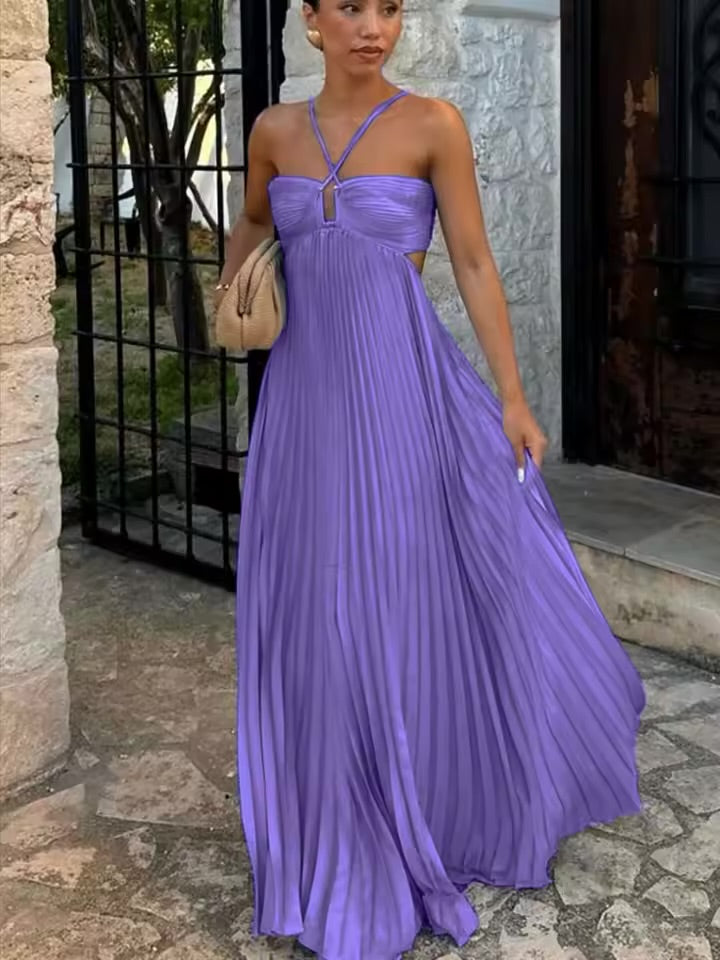 Vestido Longo Plissado Azul Feminino com Gola Halter, Sem Mangas, Costas Nuas, com Amarração, Maxi Vestido Chique de Verão para Praia, Férias e Festas
