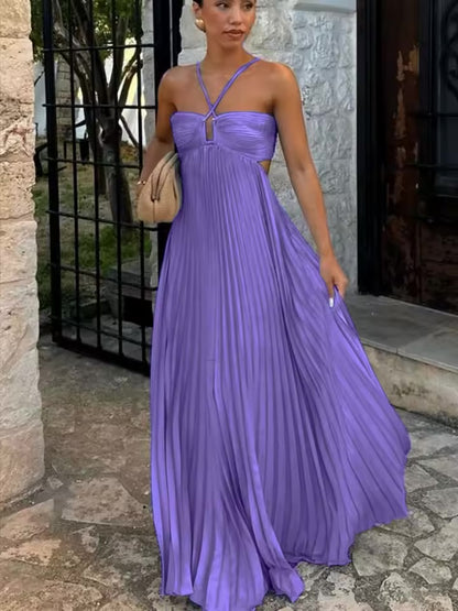 Vestido Longo Plissado Azul Feminino com Gola Halter, Sem Mangas, Costas Nuas, com Amarração, Maxi Vestido Chique de Verão para Praia, Férias e Festas