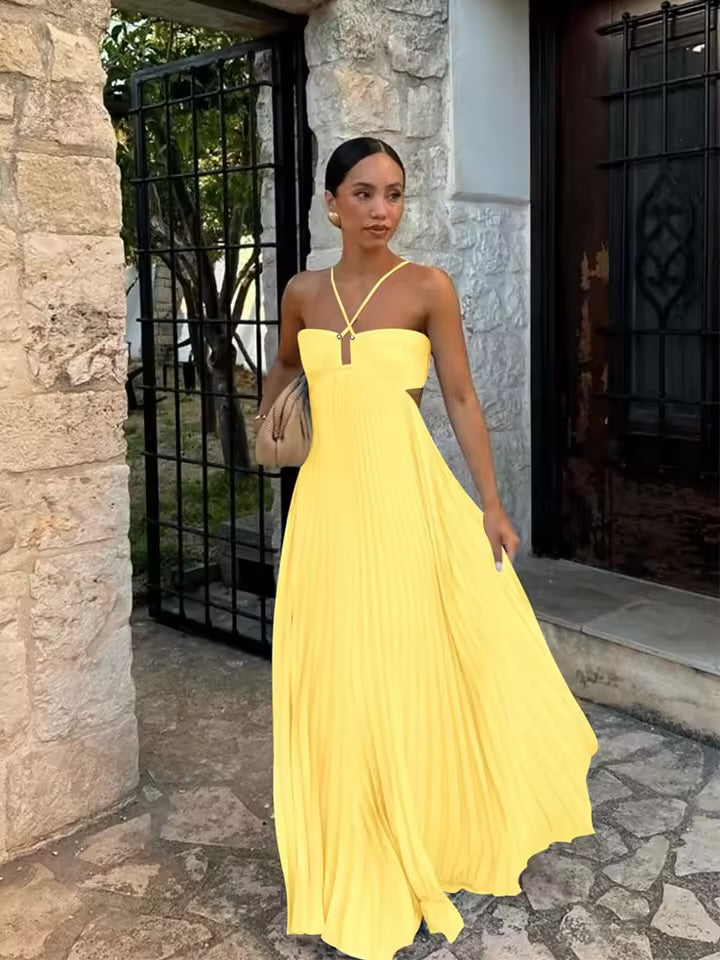 Vestido Longo Plissado Azul Feminino com Gola Halter, Sem Mangas, Costas Nuas, com Amarração, Maxi Vestido Chique de Verão para Praia, Férias e Festas