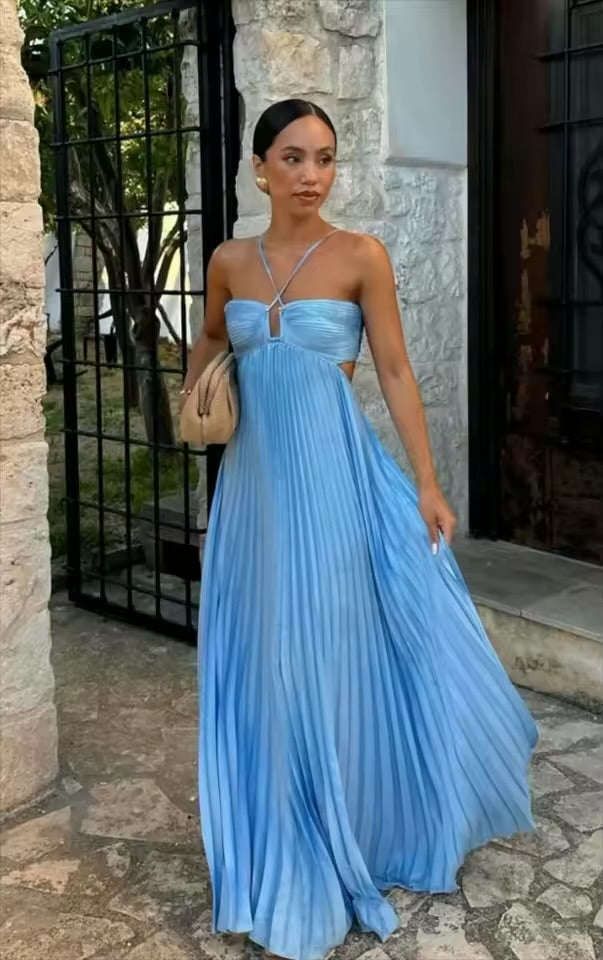 Vestido Longo Plissado Azul Feminino com Gola Halter, Sem Mangas, Costas Nuas, com Amarração, Maxi Vestido Chique de Verão para Praia, Férias e Festas