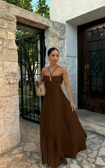 Vestido Longo Plissado Azul Feminino com Gola Halter, Sem Mangas, Costas Nuas, com Amarração, Maxi Vestido Chique de Verão para Praia, Férias e Festas