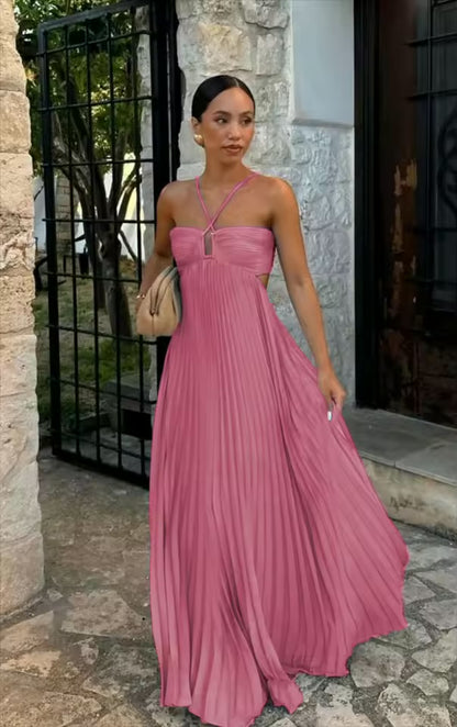 Vestido Longo Plissado Azul Feminino com Gola Halter, Sem Mangas, Costas Nuas, com Amarração, Maxi Vestido Chique de Verão para Praia, Férias e Festas