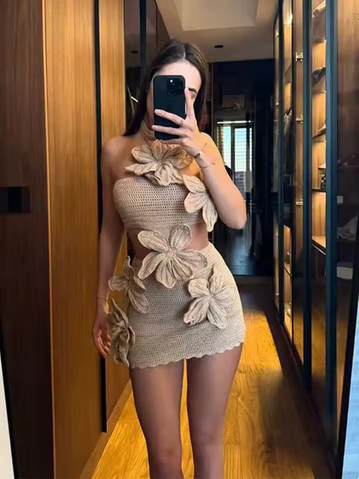 Vestido Mini de Tricô com Decote Halter em 3D, Sem Mangas, Costas Nuas, Vestido Bodycon de Moda de Verão, Vestidos de Praia em Crochê