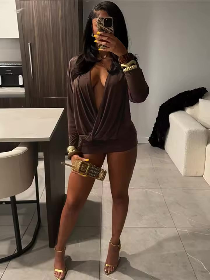 Sisterlinda feminino elegante profundo decote em v mini vestido de manga cheia magro pêssego hip meia-noite clube festa sexy moda sólida bodycon