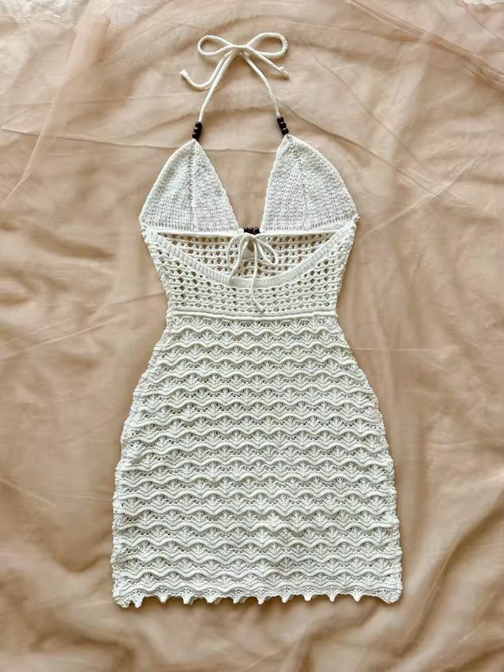 Soleia verão sexy decote em v oco contas de madeira vestido ajustado, férias cinta de espaguete sem costas ombre vestido de malha, adequado.