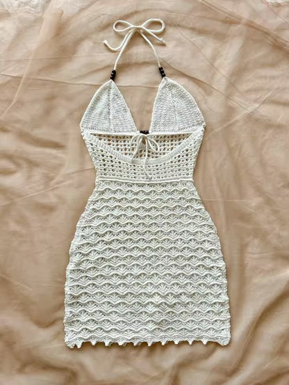 Soleia verão sexy decote em v oco contas de madeira vestido ajustado, férias cinta de espaguete sem costas ombre vestido de malha, adequado.