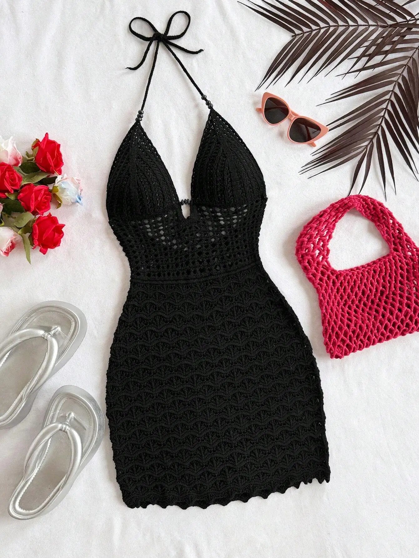 Soleia verão sexy decote em v oco contas de madeira vestido ajustado, férias cinta de espaguete sem costas ombre vestido de malha, adequado.