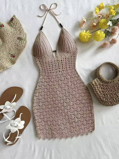 Soleia verão sexy decote em v oco contas de madeira vestido ajustado, férias cinta de espaguete sem costas ombre vestido de malha, adequado.