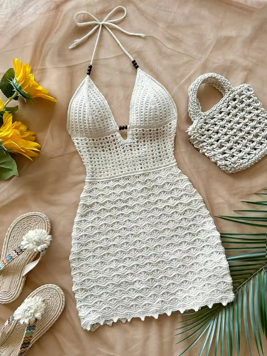 Soleia verão sexy decote em v oco contas de madeira vestido ajustado, férias cinta de espaguete sem costas ombre vestido de malha, adequado.