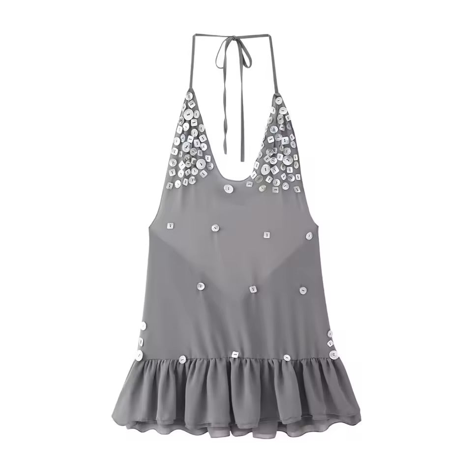 Combhasaki feminino verão rendas halter com decote em v brilhante glitter concha decoração em camadas plissado hem sem costas magro curto mini vestido de malha.