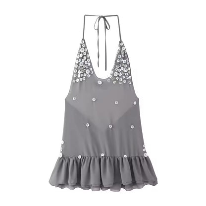 Combhasaki feminino verão rendas halter com decote em v brilhante glitter concha decoração em camadas plissado hem sem costas magro curto mini vestido de malha.
